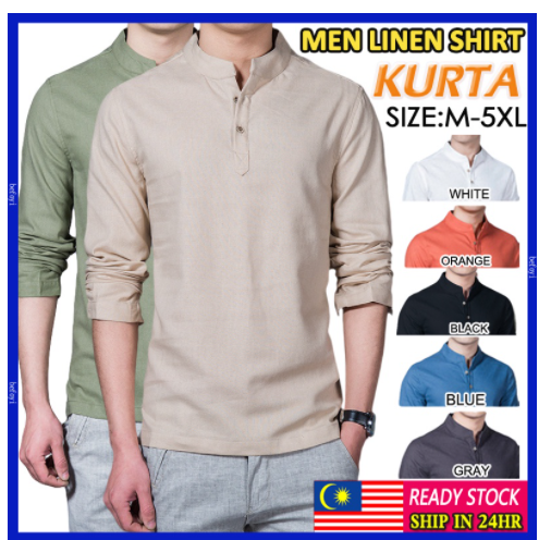 Men Polo Shirts Long Sleeve Linen Smart Casual Plain T-shirt For Men Formal Muslimah Berkolar