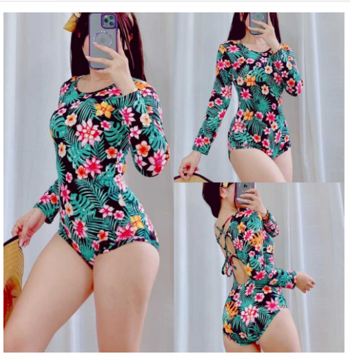 Tropical Print Long Sleeves Cross Back One Piece Swimsuit Swimwear