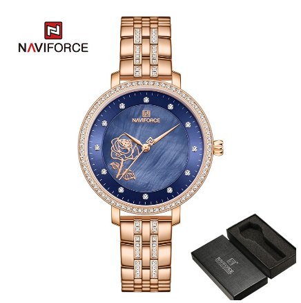 Naviforce Ladies Women Girl Luxury Brand Rose Gold Watches Creative Diamonds 3D Dial Elegant Bracelet Wristwatches ROSEGOLD BLUE