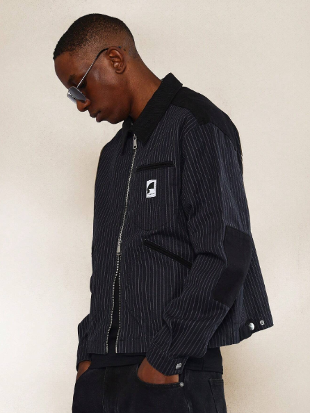 SUMWON Stripe Twill Crop Zip Through Denim Jacket