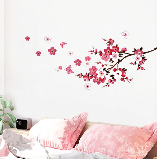 Wall Decal Sakura Tree Branch Wall Stickers Butterfly Flowers Wall Art Mural Stickers DIY Removable