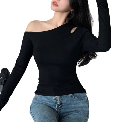Lovito Women Casual Plain Cut Out Asymmetrical T-Shirt LNE29337 (Black)