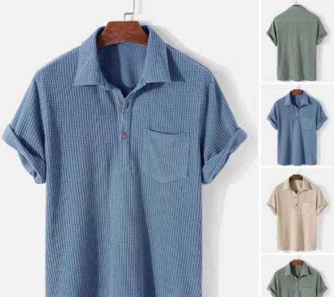 Mens Vintage Corduroy Short Sleeve Turn Down Collar Polo Shirt