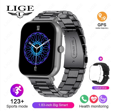 LIGE Bluetooth Call Waterproof Sport Heart Rate Sleep Monitor AI Voice Assistant Smart Watch Online STEEL BLACK