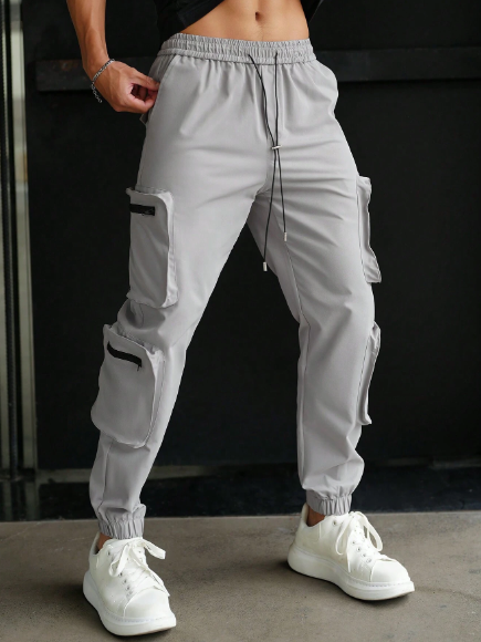 Manfinity LEGND Men's Solid Color Drawstring Waist Pants With Pockets And Elastic Cuffs