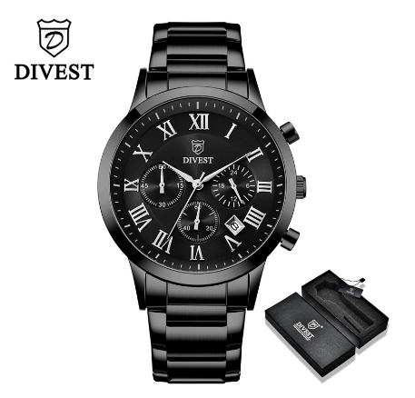 DIVEST Men's Watches Brand Fashion Luxury Sport Stainless Steel Business Quartz Men Watch Waterproof 9009 BLACK
