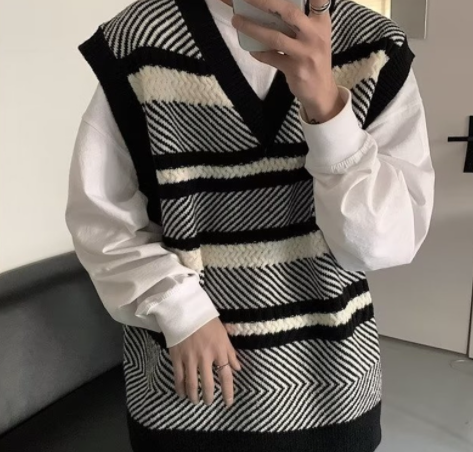 Men's V-Neck Vest Korean Version Trendy Striped Loose Sleeveless Waistcoat