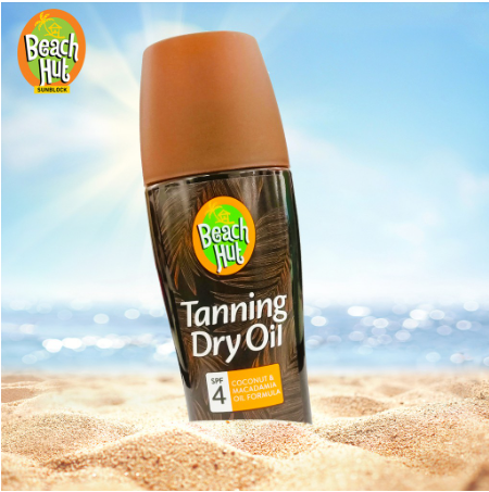 Beach Hut Sunblock Tanning Dry Oil SPF4 150ml Clear Spray Body Sunscreen w/ Coconut & Macadamia Oil