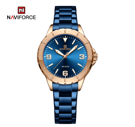 Naviforce Women Fashion Top Brand Luxury Blue Gold Ladies Genuine Leather Bracelet Classic Female Clock BLUE