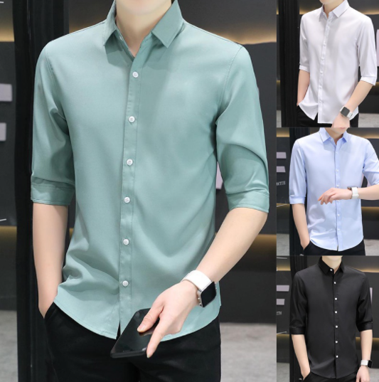Men's Simple Casual Sleeves Ice Silk Trend Plain Shirt Korean All-match Solid Color Slim Fit Formal Polo Work Wear Sage
