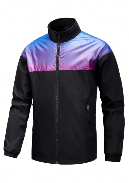 Men's Casual Loose Fit Zip-Up Color Block Jacket, Spring & Autumn