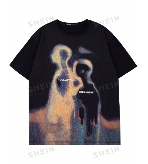 ROMWE Street Life Men's Vintage Streetwear Silhouette Illusion Thermal Imaging Character Printed Short Sleeve T-Shirt, Summer