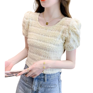 Lovito Women Puff Sleeve T-Shirt LNE20177 (Apricot)