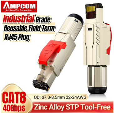 AMPCOM RJ45 Connector, CAT8 STP Tool Free Shielded Modular Plugs CAT7 CAT6A Zinc alloy Field Termination Plug 40Gbps 2000Mhz
