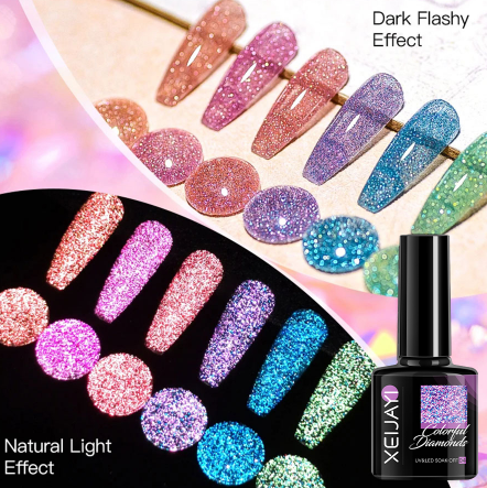 XEIJAYI 6pcs Reflective Glitter Gel Nail Polish, Holographic Laser Sparkly Diamond Soak Off UV LED Gel Polish For Home Manicure Nail Art