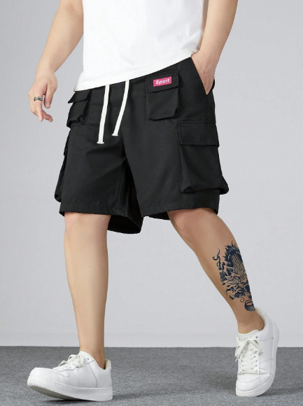 Men's Letter Emblem Drawstring Waist Multi-Pocket Cargo Shorts
