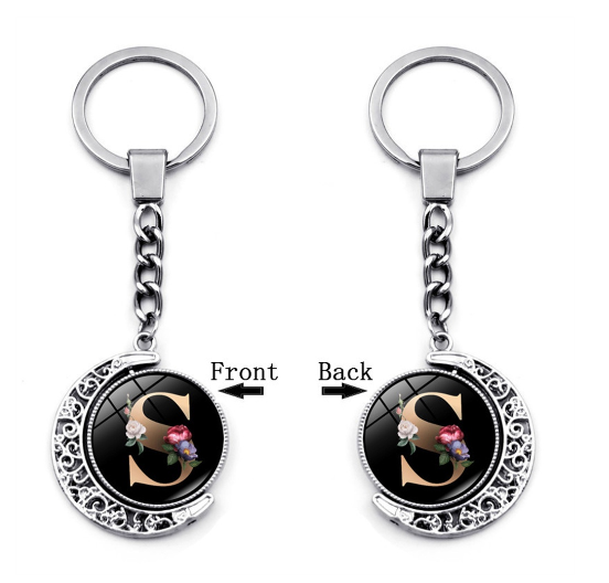 1PC Exquisite 26 Letter Glass Keychains Double Sides Moon Flower A-Z Initials Keyrings Handbag Charms Ornaments Gifts S