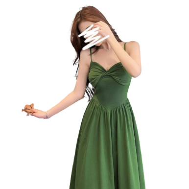 Lovito Women Elegant Plain Pleated Bow Front Dress LNL36075 (Green)