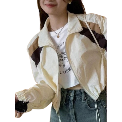 Lovito Women Casual Patchwork Fabric Stitching Zipper Jacket LNA38247 (Apricot)