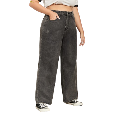 Lovito Plus Size Curve Casual Plain Button Zipper Women Jeans LPS03063 (Dark Grey)