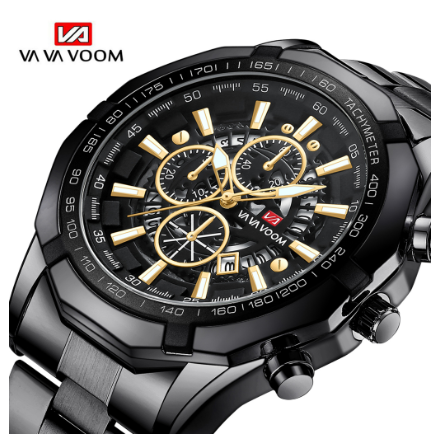VA VA VOOM Luxury Men's Watch Hollow Out Design Watches Calendar Luminous Function Waterproof Quartz Wristwatch For Men BLACK GOLD