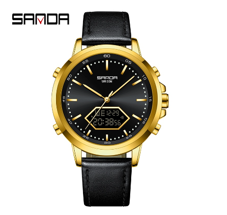 Sanda Waterproof Round Men's Fashion Quartz Watch Stainless Steel Strap Outdoor Watch GOLD LEATHER STRAP