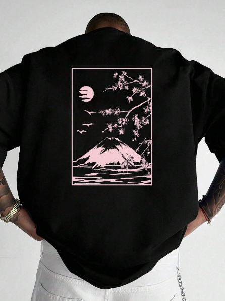 Manfinity Homme Men's Plus Size Mountain And Moon Pattern T-Shirt
