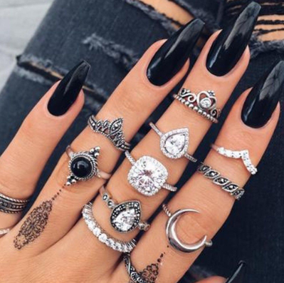 10PCS Rings Set Vintage Back Gem Knuckle Finger Rings for Women