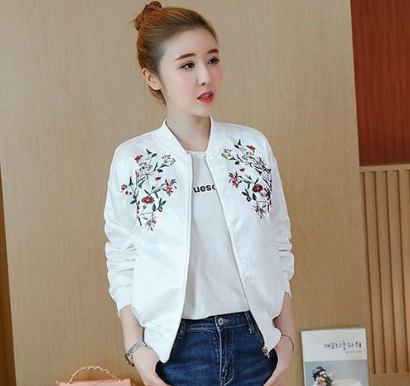 Women Jacket Embroidered Flowers Long Sleeve Winter White Coat Bomber Blazer Zipper Korean Style