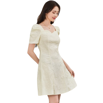 Lovito Women Elegant Plain Jacquard Puff Sleeve Dress L65ED159 (Apricot)