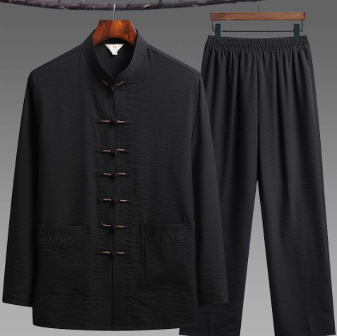 Middle-Aged And Elderly Tang Suit Men's Long-Sleeved Ice Silk Dad Spring Summer Clothes Chinese Style Tai Chi Han Grandp