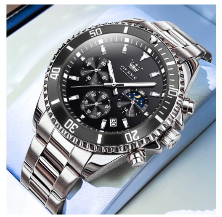 Olevs Fashion Watch For Men Quartz Authentic Water Proof Original Stainless Steel Business Calendar Chronograph Luminous Watch BLACK DIAL SILVER STRAP