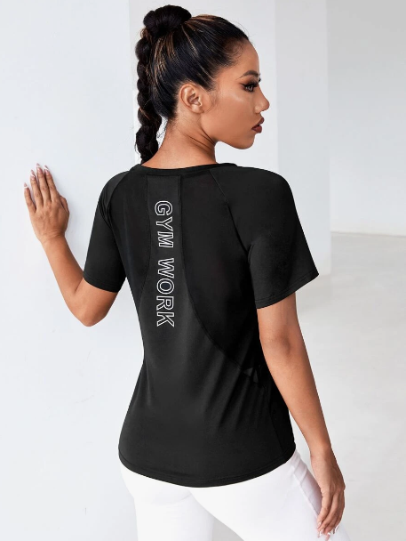 Yoga Trendy Letter Graphic Raglan Sleeve Contrast Mesh Sports Tee