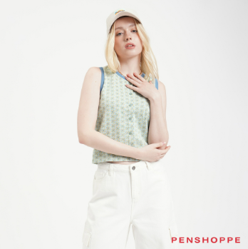 Penshoppe Relaxed Fit Sleeveless Button Down Jacquard Top For Women Mint Green