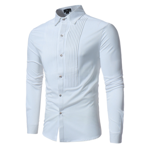 Mens Pleat Lapel Dress Shirts Autumn New Slim Fit Long Sleeve Tuxedo Shirt