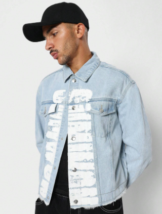 SUMWON Washed Cropped Raw Edge Hem Denim Jacket With Graffiti Graphic Print & Patches Label