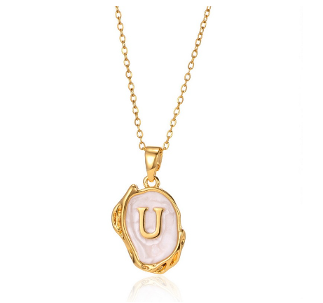 26 English Letter Necklace with Irregular Oil Drop Letters Pendant Necklace Chain in Gold U