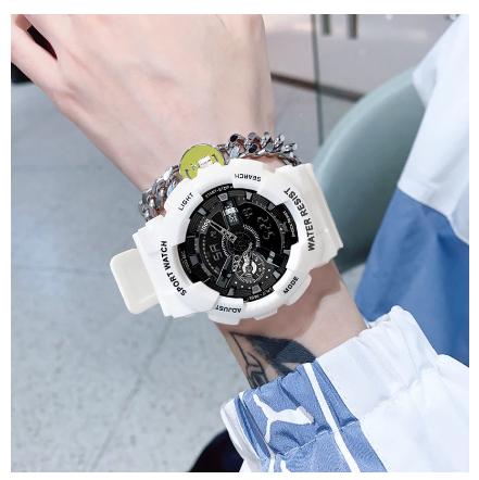 Original LED Number+Pointer Sports Waterproof Universal Fashion Luxury Luminous Men's Watch Outdoor Quartz Silicone Wrist Watch WHITE