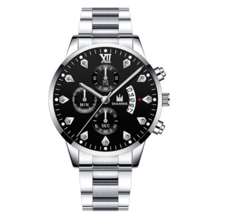 Men's Watch Men's Three Eyes Business Quartz Analog Stainless Steel Watch SILVER BLACK