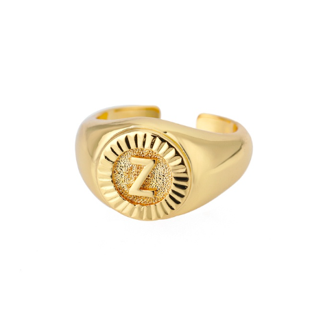 Maxzone Vintage Initial Letter Signet Rings For Women Stainless Steel Ring Round Opening Gold Letter Ring Aesthetic Wedding Jewelry Gift Z