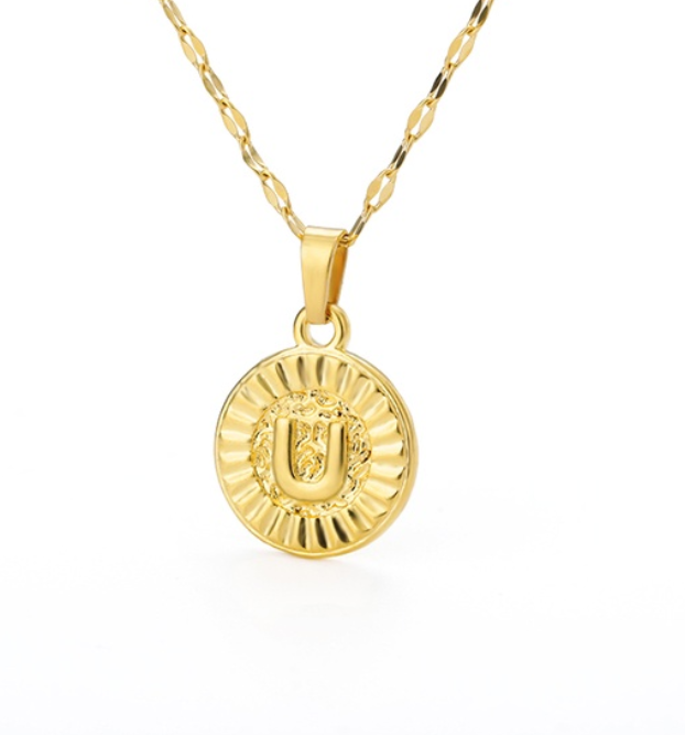 Maxzone A-Z Initial Round Letter Pendant Necklace For Women Stainless Steel Gold Choker Coin Letter Necklace U