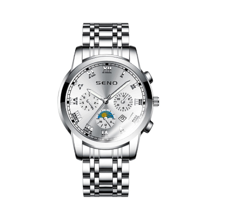 SENO Fashion Luxury Men's Watch Stainless Steel Casual Wristwatches Quartz Movement 30M Waterproof Calendar Original Watch WHITE STEEL