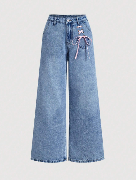 SHEIN MOD Women's Pink Ribbon Tie Heart Pattern Blue Loose Denim Wide Leg Pants