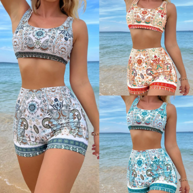 New Style European American Fixed Version Printed Brazil Ethnic Split Boxer Bikini Women's Swimsuit Fashion Swimwear