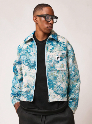 SUMWON Cropped Zip-Up Tapestry Jacquard Worker Jacket