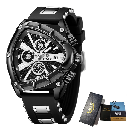 LIGE Official Relo Male Business Quartz Watches Silicone Strap Sport Chronograph Wristwatch Waterproof Luminous Triangle Watches ALL BLACK