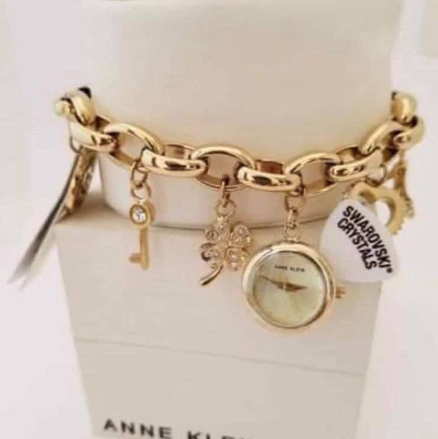 Anne Klein Women's Premium Crystal Accented Gold-Tone Charm Bracelet Watch