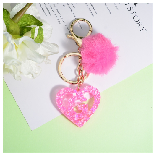 Pink Heart A-Z 26 Initials Keychain With Furball Fashion Letter Resin Keyring For Women Bag Ornaments Car Key Accessories Gifts G