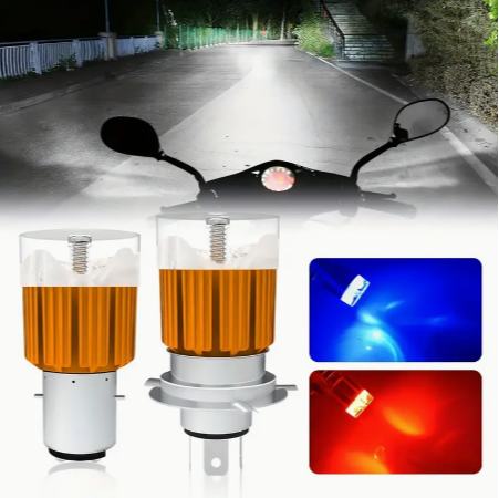 1pc 4 Colors Motorcycle Double Side LED Headlight H4 H6/BA20D White&Red&Blue Spotlight Condenser Lens COB Chips 360° Irradiation Scooter Accessories