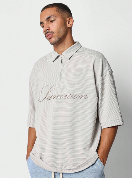 SUMWON Polo Half Zip Detail Tee With Script Logo Embroidery